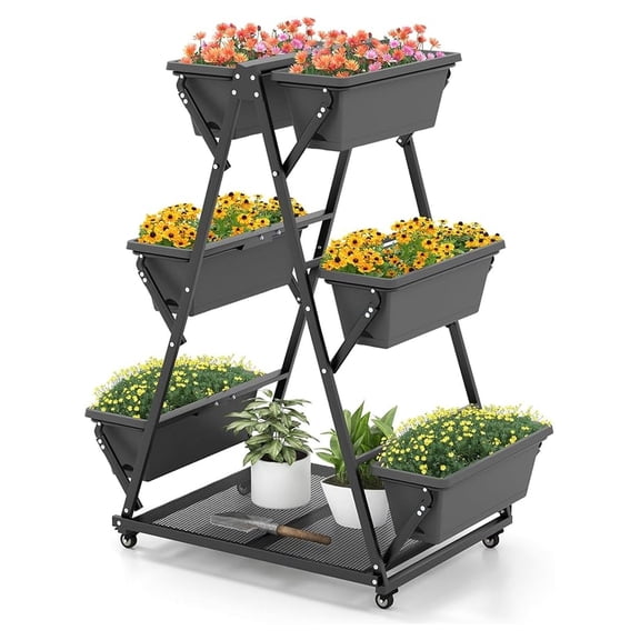 Raised Garden Bed, Vertical Garden Planter with Lockable Wheels, Drainage Holes, 3-Tier Elevated Planter Box for Deck, Patio, Balcony, Perfect for Vegetables, Flowers, , Tools