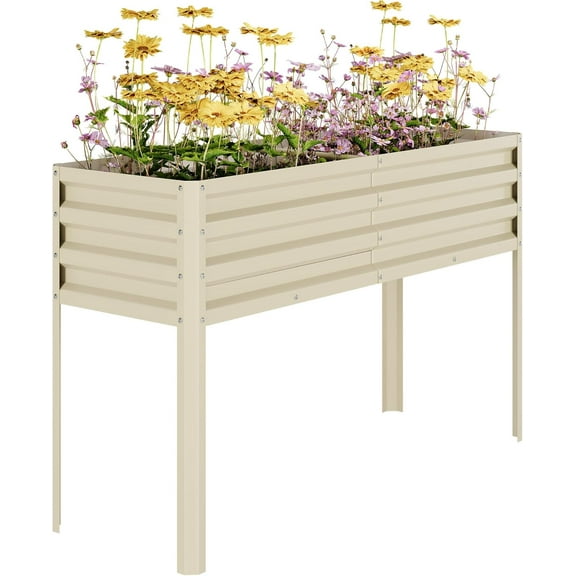 Raised Garden Bed with -Watering Reservoir - Tall Elevated Square Planter Box for Vegetables/Herbs, Heavy Duty Steel Panels & Drainage (Water Tank Included),Beige