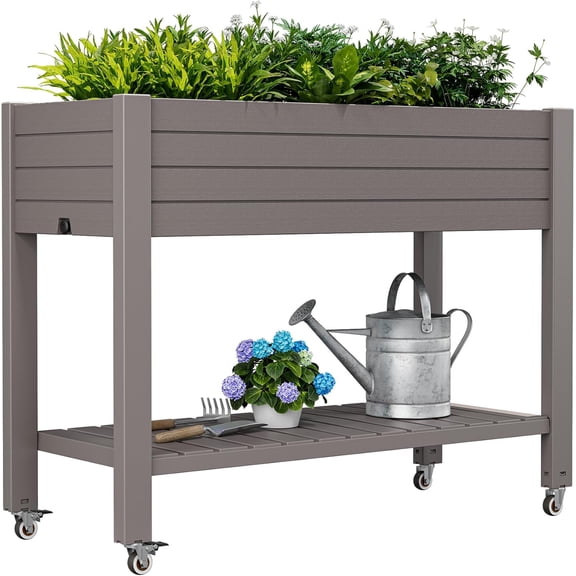 Raised Garden Bed with Wheels, Divisible Resin Planter Box with Drainage Gauge & Storage Shelf, Herb Planter for Garden Patio Backyard, Gray (33.7" h)