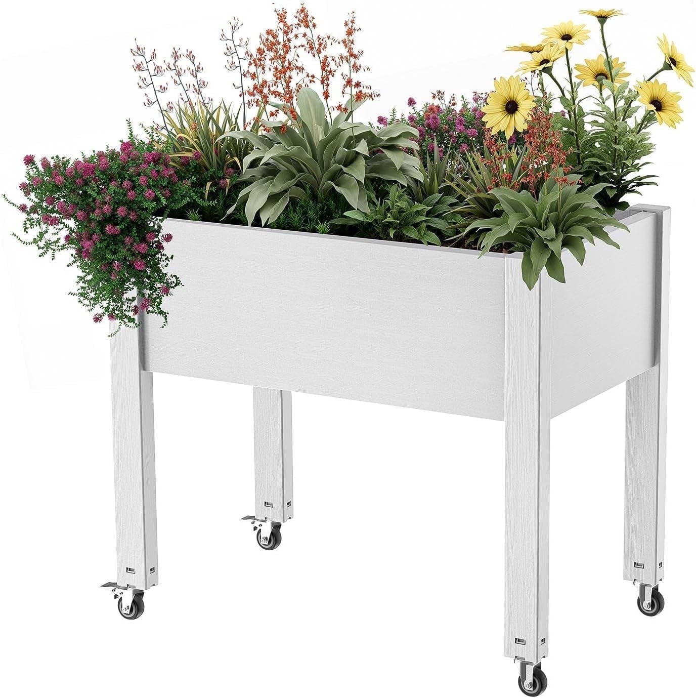 Raised Garden Bed with Wheels Outdoor - Resin Planter Box with Lockable Swivel Casters for Flowers, Vegetables, Herbs on Patio, Balcony, Backyard (Ashen Gray)
