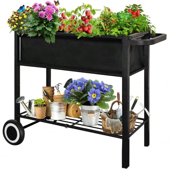 Raised Garden Bed With Legs For Outdoor Plants Standing Elevated Planter Box Cart On Wheels For Vegetables Flower Herb Patio Black