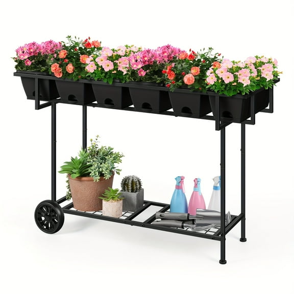 Raised Garden Bed With Wheels Elevated Planter Cart With Shelf And 6 Boxes For Flowers Veges Herbs Patio Backyard Balcony