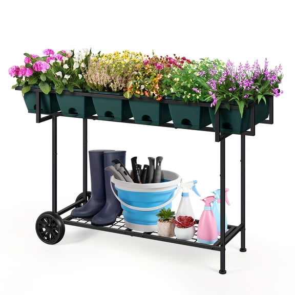 Raised Garden Bed With Wheels Elevated Planter Cart With Shelf And 6 Boxes For Flowers Veges Herbs Patio Backyard Balcony