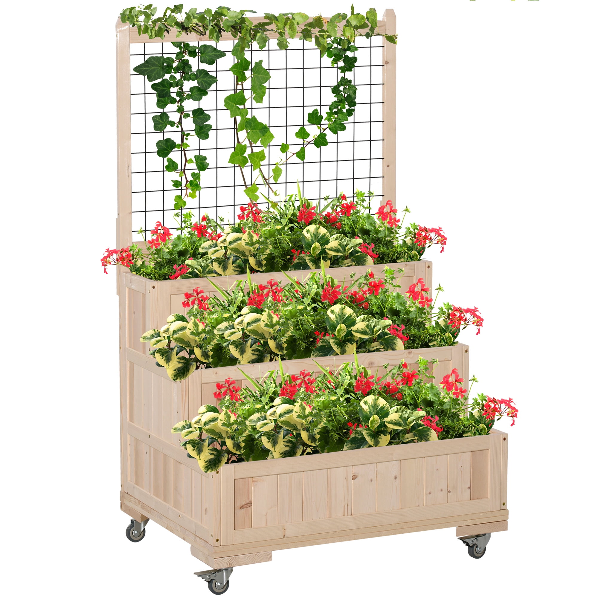 Raised Garden Bed Wood Elevated Above Ground Standing Planters Boxes 3 Tier with Trellis Wheels Outdoor for Vegetables Flower Plants Herb, Natural