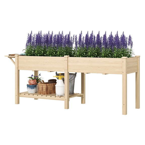 Raised Garden Bed, Wood Elevated Planter Box with Table & Shelf, Natural Finish