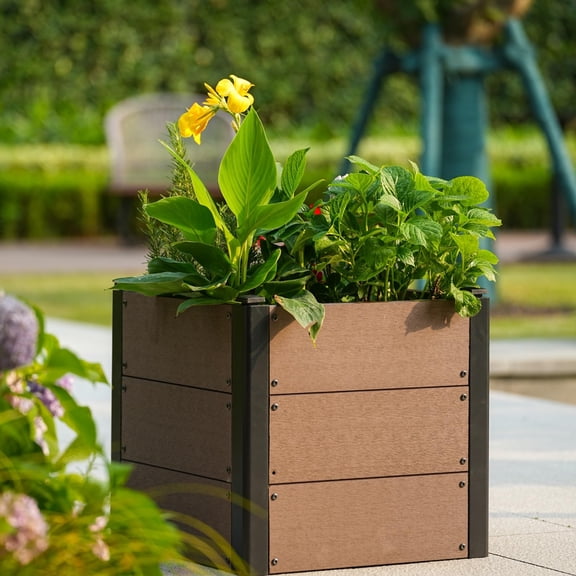 Raised Garden Bed, Wood-Look WPC Composite Planter Box, Outdoor Deep Root Design Planter with Metal Frame for Vegetables, Flowers