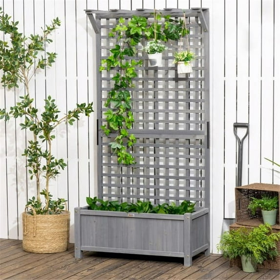 Raised Garden Bed, Wood Planter with Trellis for Vine Climbing, Privacy Screen Planter Box to Grow Vegetables, Herbs, and Flowers for Backyard, Patio, Deck-Grey