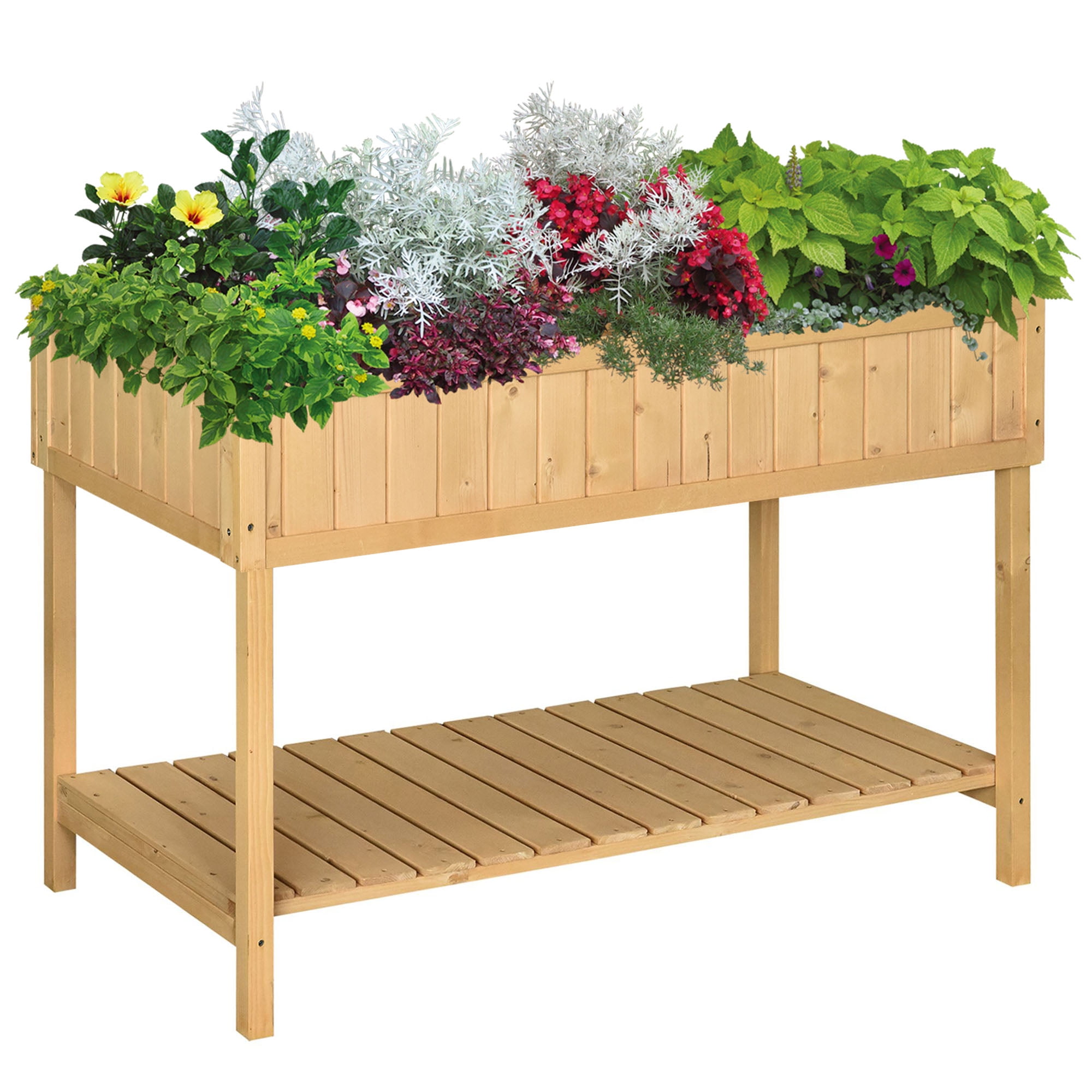 Raised Garden Bed with 8 Pockets and Shelf, Wooden Elevated Planter Box with Legs to Grow Herbs, Vegetables, and Flowers, Natural 43x18x30"