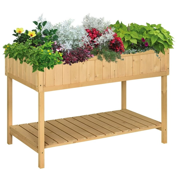 Raised Garden Bed with 8 Pockets and Shelf, Wooden Elevated Planter Box with Legs to Grow Herbs, Vegetables, and Flowers, Natural 43x18x30"