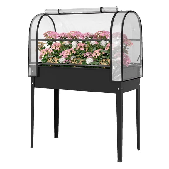 Raised Garden Bed with Flip-Up Greenhouse Cover, Metal Elevated Garden Bed with Legs and Drainage Hole, Black