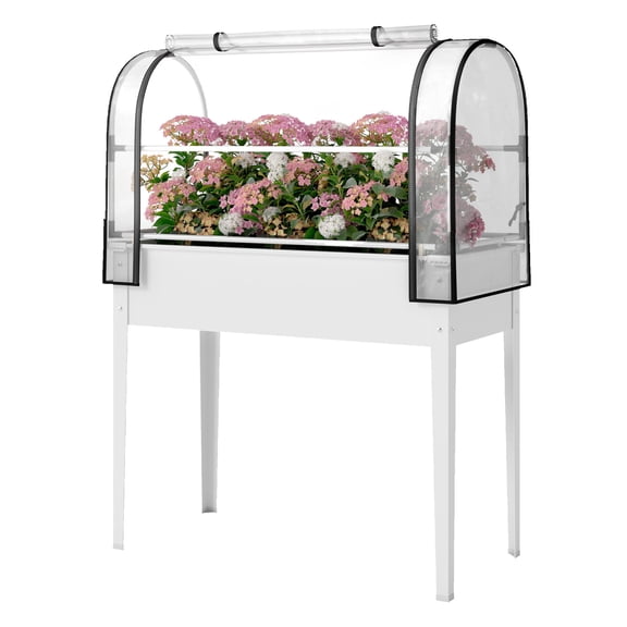 Raised Garden Bed with Flip-Up Greenhouse Cover, Metal Elevated Garden Bed with Legs and Drainage Hole, White