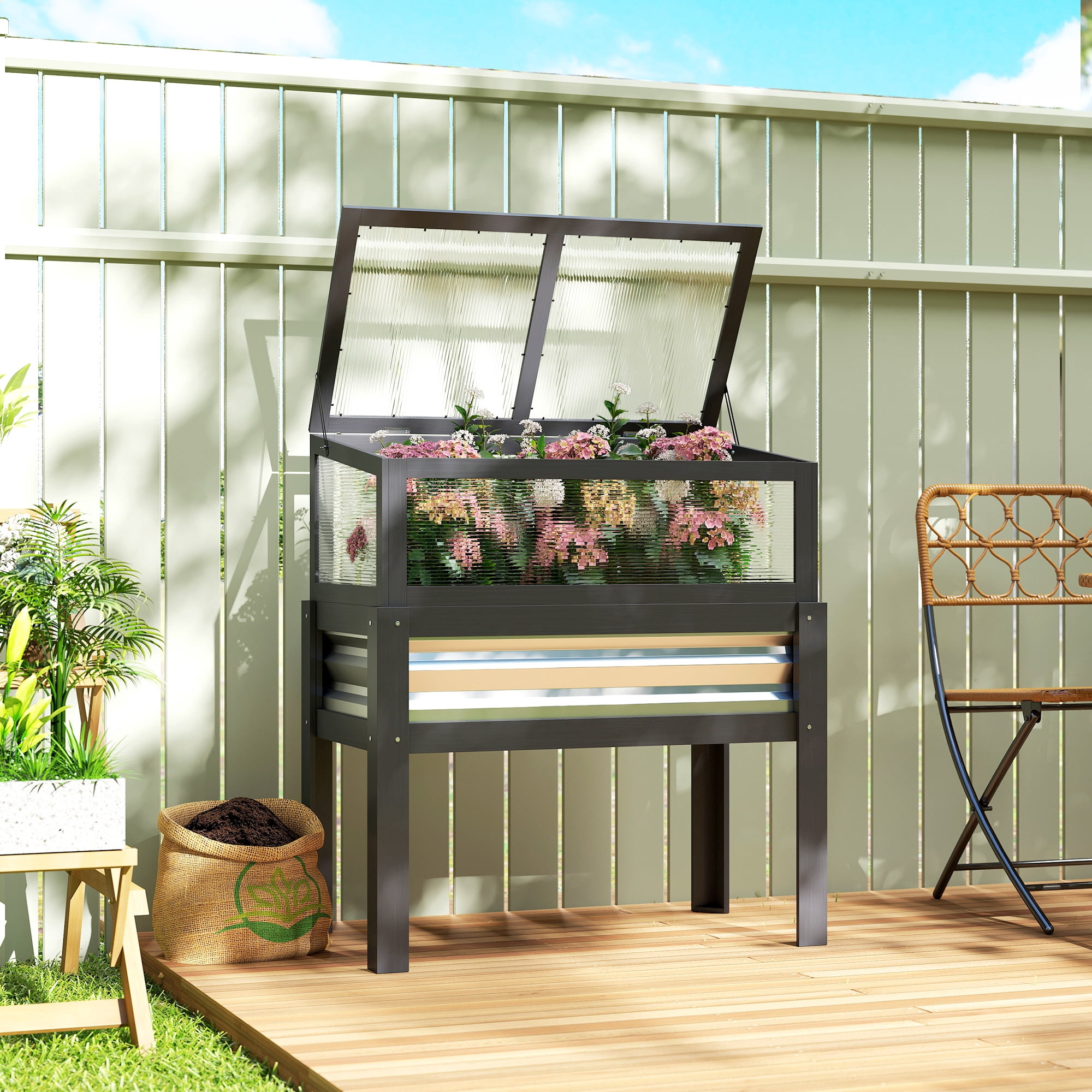 Outsunny Raised Garden Bed with Flip-Up Mini Greenhouse, Elevated Planter Box with Legs and Bed Liner for Flowers, Vegetables, Gray
