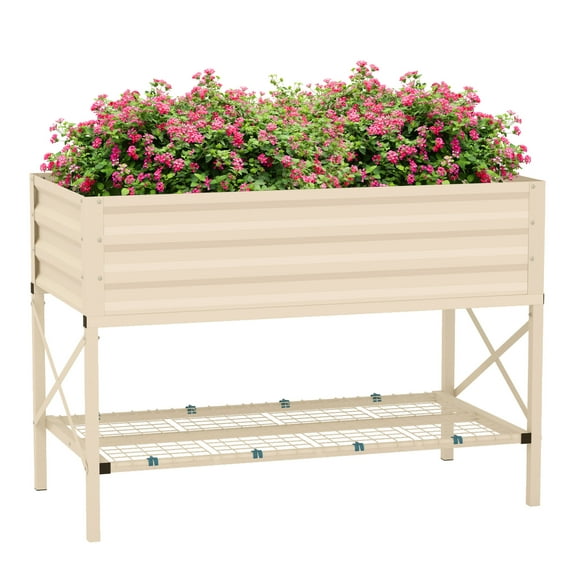 Raised Garden Bed with Galvanized Steel Frame, Storage Shelf and Bed Liner, Elevated Planter Box with Legs for Vegetables, Flowers, , Cream