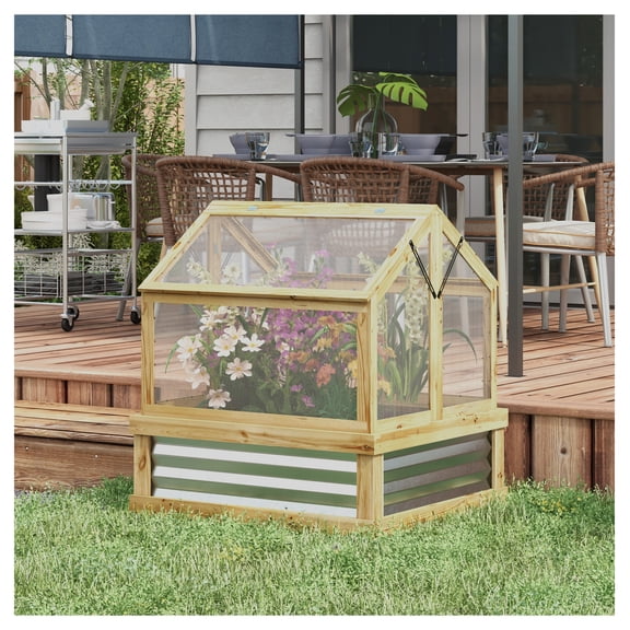 Raised Garden Bed with Greenhouse Kit, Wooden Cold Frame Planter, 35.5"x31.5", Natural Wood