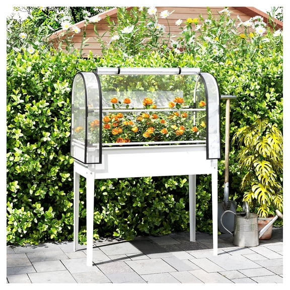 Raised Garden Bed with Greenhouse, Metal Elevated Planter with Legs, White - 39.4"x19.3"x53.5" - Flip-Up Cover, Drainage, Outdoor Gardening