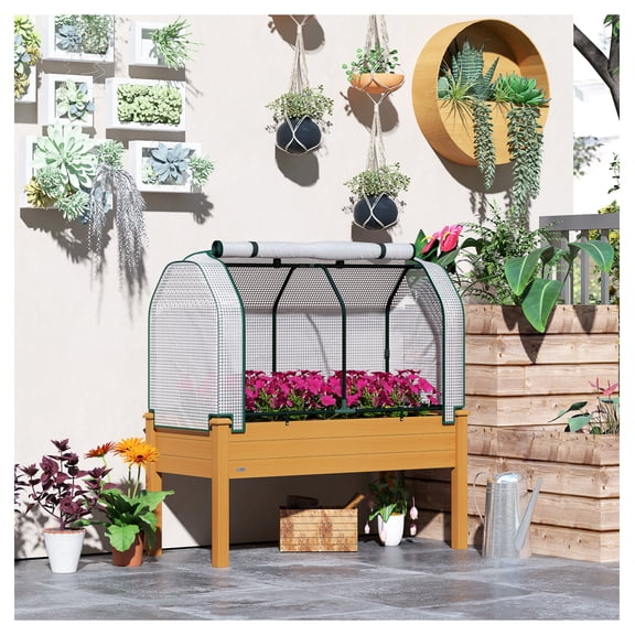 Raised Garden Bed with Greenhouse, Outdoor Planter Box for Vegetables & Herbs - 48x22x46in Sand