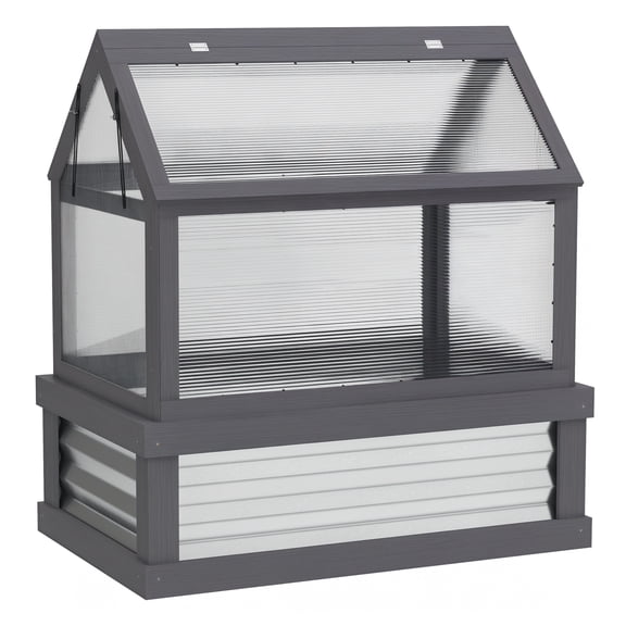 Raised Garden Bed with Greenhouse, Wooden Cold Frame Planter Kit, 35.5" x 22.5", Gray - Plant Protection for Flowers, Herbs, Vegetables