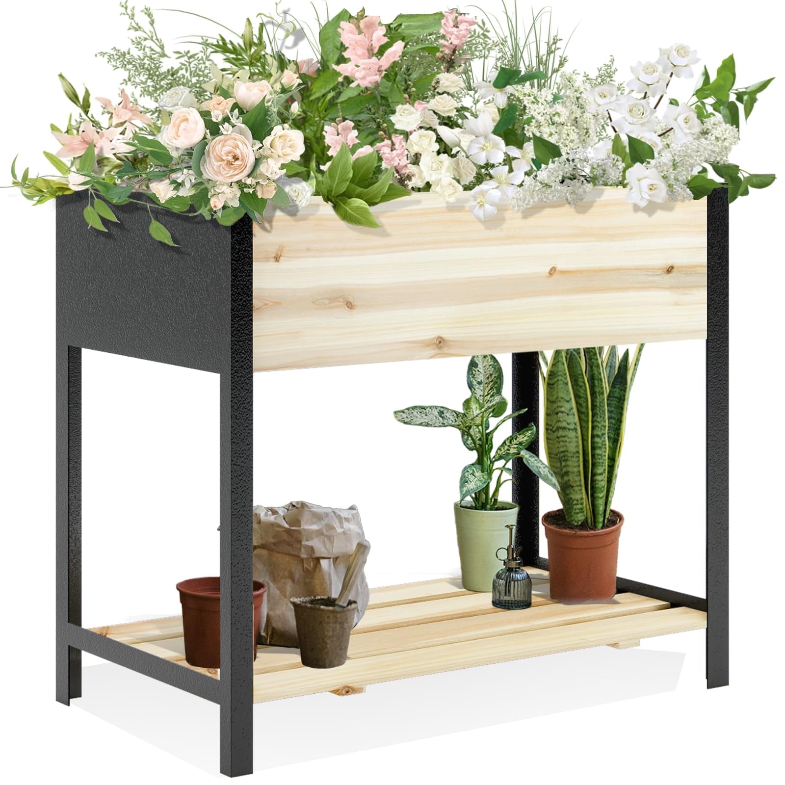 Raised Garden Bed with Legs Metal \u0026 Wood Elevated Planter Box Outdoor 4 Legs, 36(L) x18(W) x30(H) Inch
