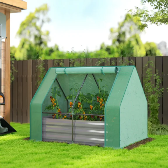 Raised Garden Bed with Mini Greenhouse Combo, Roll-Up Window, Windproof Design, Open Bottom Drainage, 2-Section Planting Area for Outdoor Garden