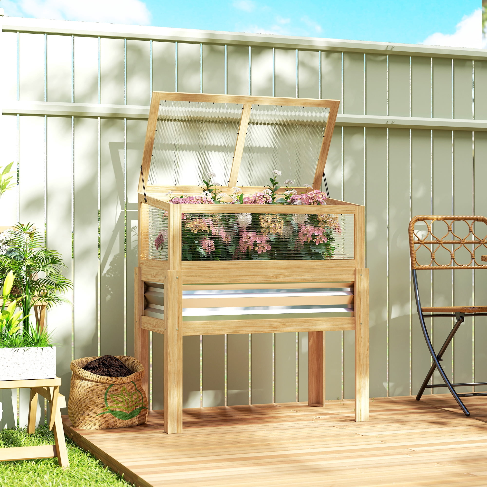 Outsunny Raised Garden Bed with Mini Greenhouse, Elevated Planter Box with Legs and Bed Liner for Flowers, Vegetables, Natural