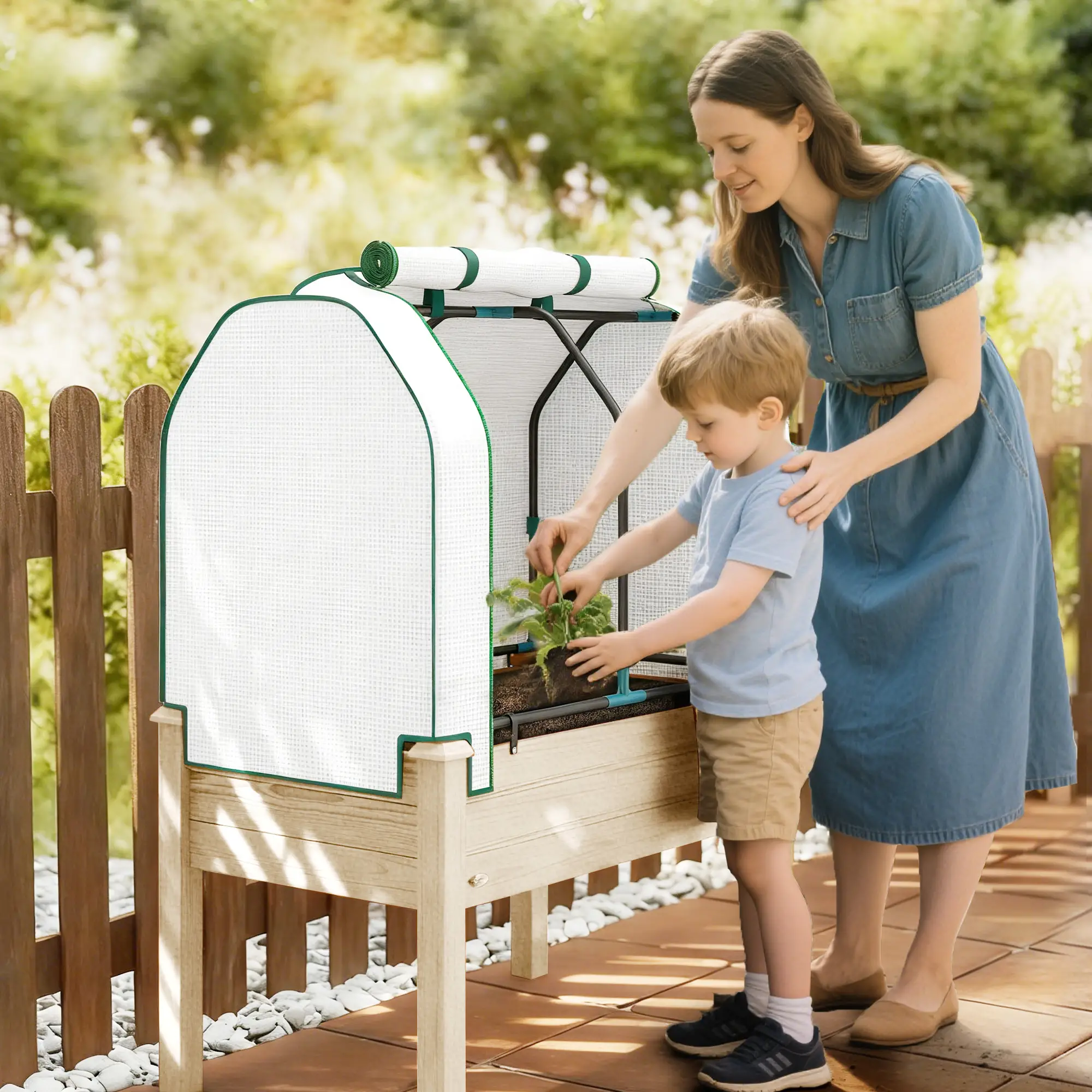 Raised Garden Bed with PE Cover, Fir Wood & Steel Frame, Roll-Up Ventilated Cover, Non-Woven Fabric, 4 Drainage Holes for Flowers Vegetables Outdoor