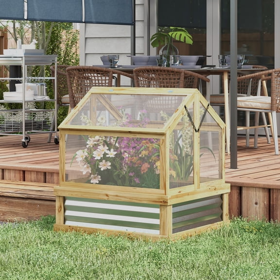 Raised Garden Bed with Polycarbonate Greenhouse, Wooden Cold Frame Flower Planter Protection, Peak Roof, 35.5x31.5x36 inches Natural