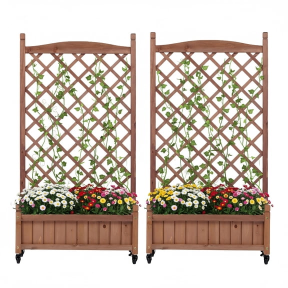 Raised Garden Bed with Trellis 2 Pack, Outdoor Wooden Planter Box & Plant Stand with Climbing Racks