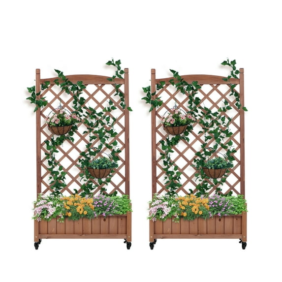 Raised Garden Bed with Trellis 2 Pack, Outdoor Wooden Planter Box - Portable Plant Stand with Climbing Racks for Vegetables & Flowers
