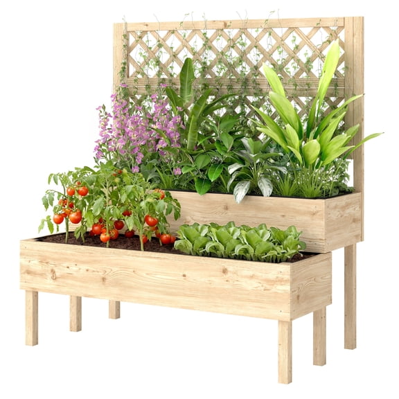 Raised Garden Bed with Trellis, 2-Tier Elevated Planter Box, Outdoor Wood Plant Container for Climbing Plants, Natural Finish