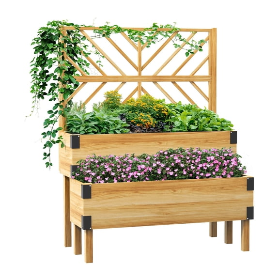 Raised Garden Bed with Trellis, 2 Tier Elevated Planter Box - Wooden Outdoor Vegetable Herb Flower Planter with Legs & Metal Corners