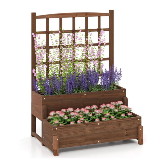 Raised Garden Bed with Trellis 2-Tier Wood Planter Box, Outdoor Plant Stand with Drainage