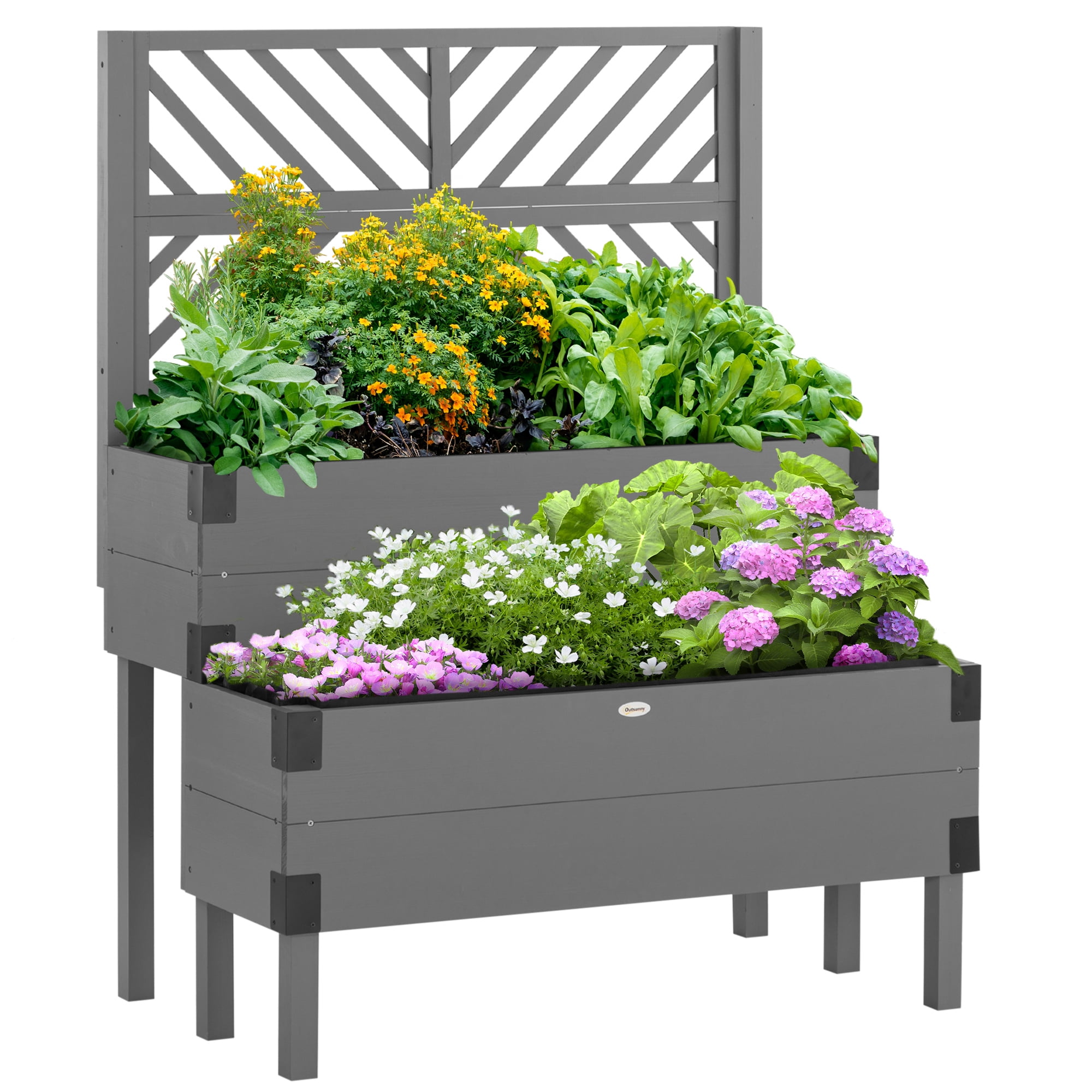 Raised Garden Bed with Trellis, 2 Tier Wooden Elevated Planter Box with Legs and Metal Corners, for Vegetables, Flowers, Herbs, Gray