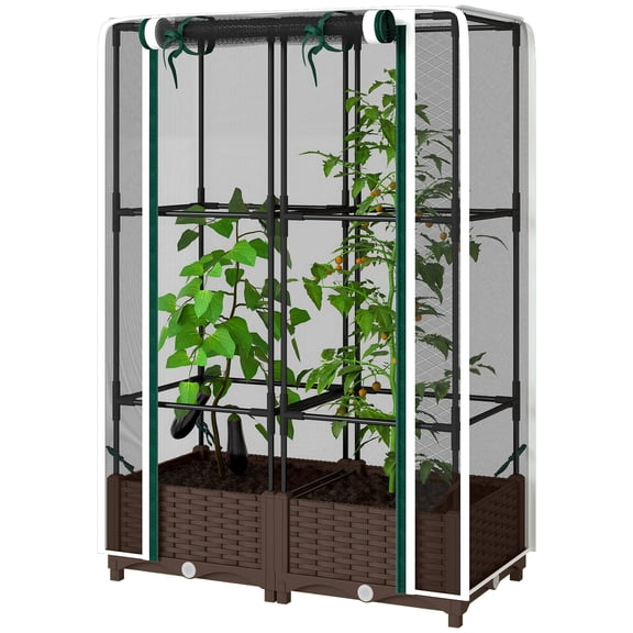 Raised Garden Bed with Trellis, 46.5" Tomato Cage with Crop Cage, Self Watering Planter Box with Drainage Holes, White