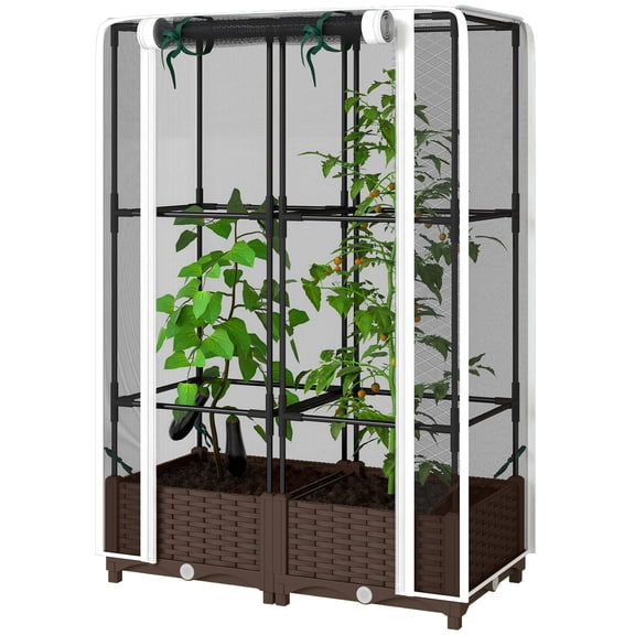 Raised Garden Bed with Trellis, 46.5" Tomato Cage with Crop Cage, Self Watering Planter Box with Drainage Holes, White