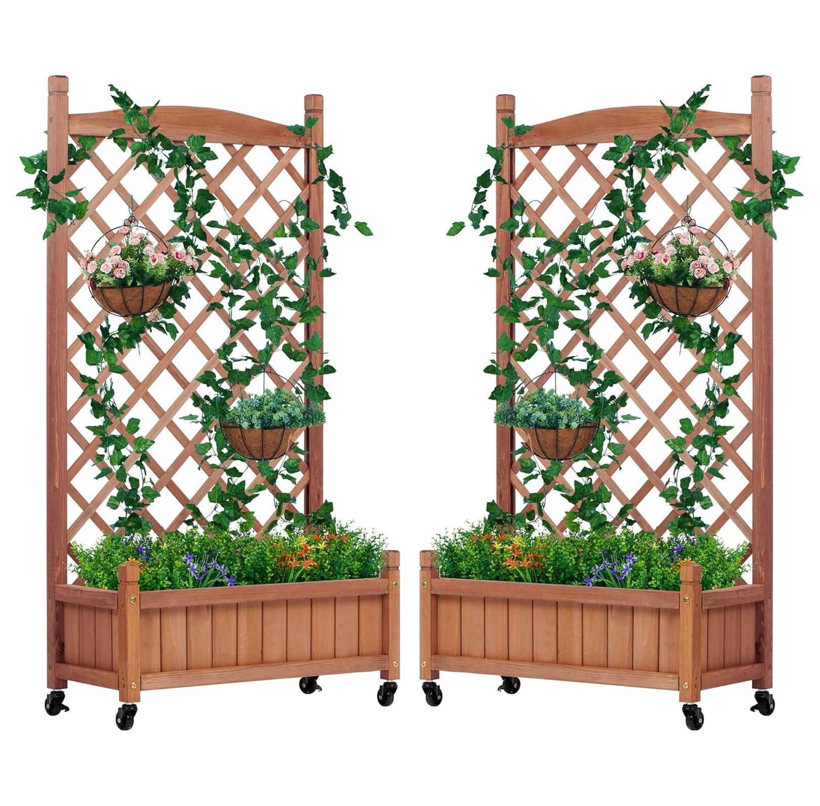 Raised Garden Bed with Trellis Set of 2, Outdoor Wood Planter Box & Plant Stand with Climbing Racks