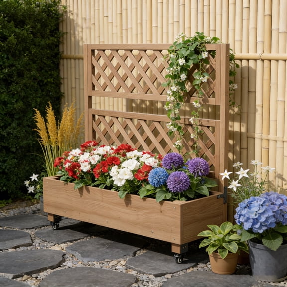 Raised Garden Bed with Trellis, Wheels & Drainage - Planter Box & Privacy Screen