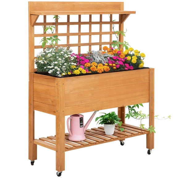 Fir Wood Raised Garden Bed with Wheels - 3-Tier Plant Stand, Outdoor Indoor Planter Box with Trellis - Brown, 41" x 18" x 53"