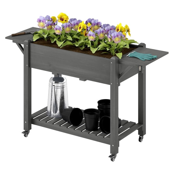 Wood Raised Planter Box, Elevated Garden Bed with Lockable Wheels, Side Tables, Bottom Shelf, Drain Holes, Gray