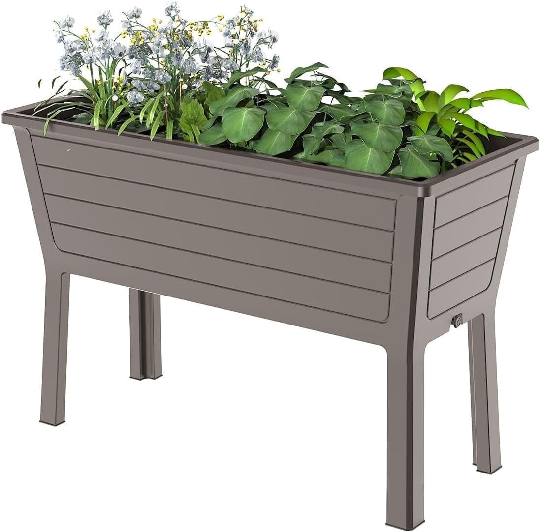 Raised Garden Bed with Wheels – Resin Planter, Waterproof & UV-Resistant for Outdoor Flowers, Vegetables & Herbs (Shallow coffee, 1 Pack)