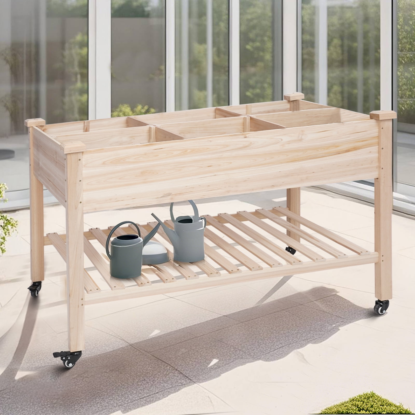 Raised Garden Bed 48x22.8x32.3in with Lockable Wheels Mobile Elevated Wood Planter,Storage Shelf, Protective Liner