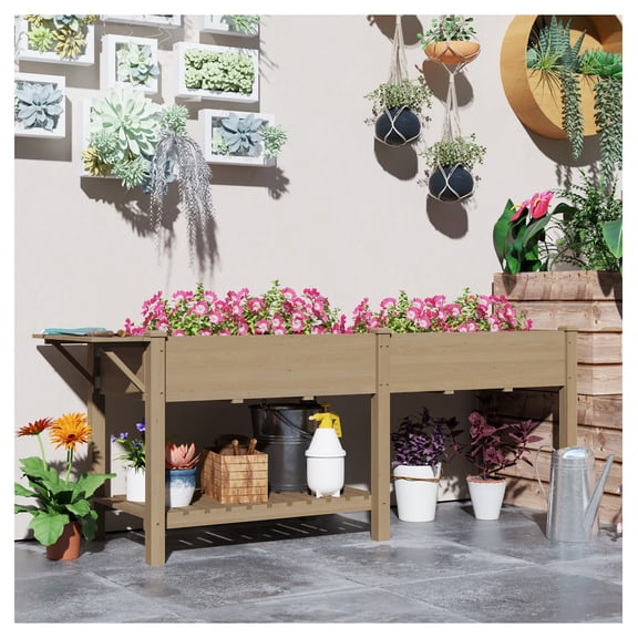 Raised Garden Box Wood, Elevated Garden Bed with Table & Shelf, Carbonized - Outdoor Planter