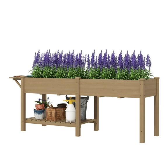 Raised Garden Box with Side Table & Shelf, Elevated Garden Bed - Carbonized Fir Wood, Liners & Drainage