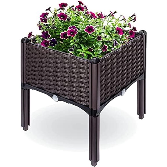 Raised Garden Planter, Resin, Elevated Flower Bed Box Kit for Vegetable, Flower, Herb Gardening | 16" X 18", Wicker Pattern, Brown