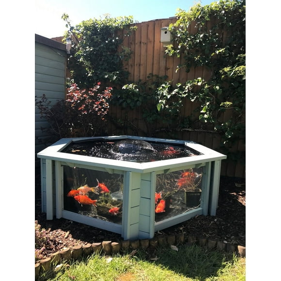 Raised Hexagon Wood Pond with Large Windows  - Lily Clear View Garden Aquarium  in Green 172 Gallon