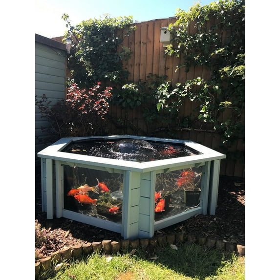 Raised Hexagon Wood Pond with Large Windows - Lily Clear View Garden Aquarium in Green 172 Gallon