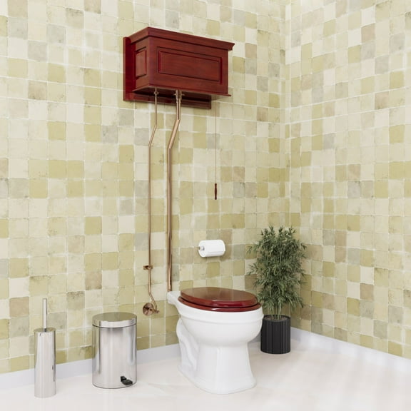 Raised High Tank Pull Chain Toilet Cherry Finish w/White Elongated Bowl and Brass Rear Entry Pipe Antique Victorian Toilet Renovators Supply