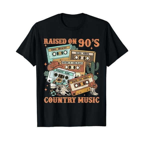 Raised On 90's Country Music Western Cowboy Retro Cow Skull T-Shirt