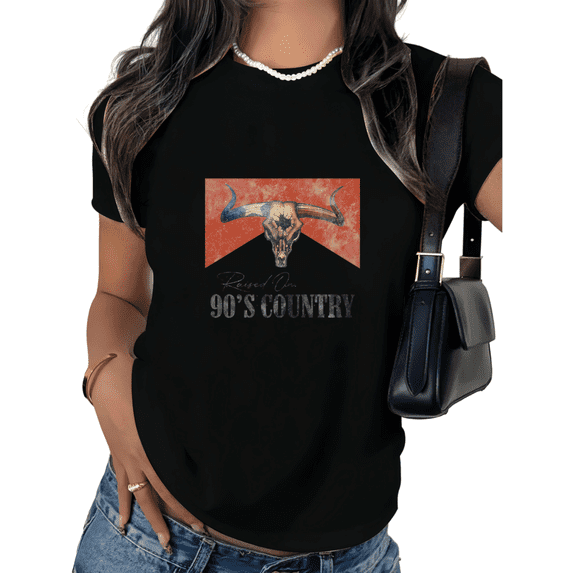 Raised On 90s Country Western Print Tshirt Graphic Tees Shirts Black Vintage Cowboy Style S-5XL Womens Tops