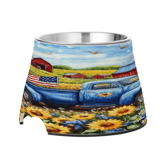 Raised Pet Bowl with Removable Stainless Steel Insert Anti-Slip No-Tip Dog Bowl for Small to Medium Pets American Flag Truck