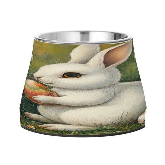 Raised Pet Bowl with Removable Stainless Steel Insert Anti-Slip No-Tip Dog Bowl for Small to Medium Pets Easter White Rabbit